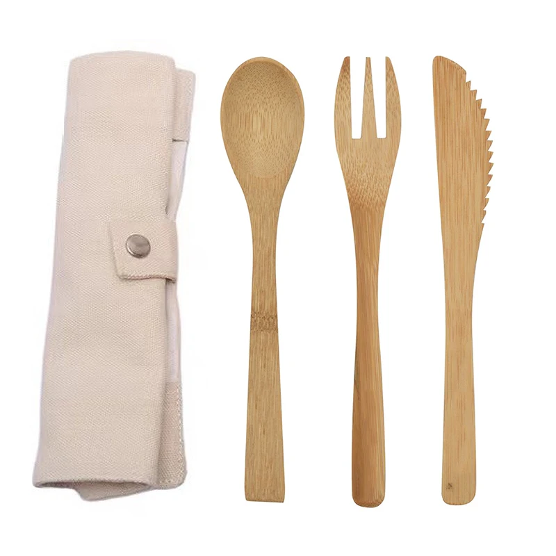 Wholesale Portable Eco Reusable Bamboo Cutlery Set Wood Knife Fork Spoon for Travel Camping