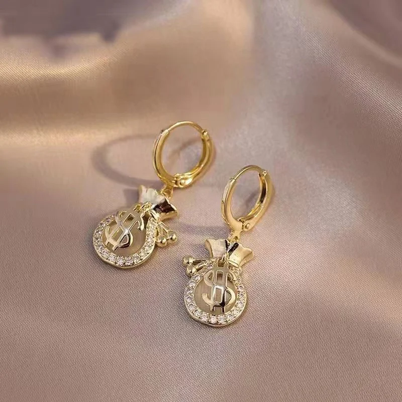 Creative Dollar Purse Pattern Rhinestone Decor Money Bag Drop Earrings For Girls Luxury Crystal Earrings Decoration Jewelry