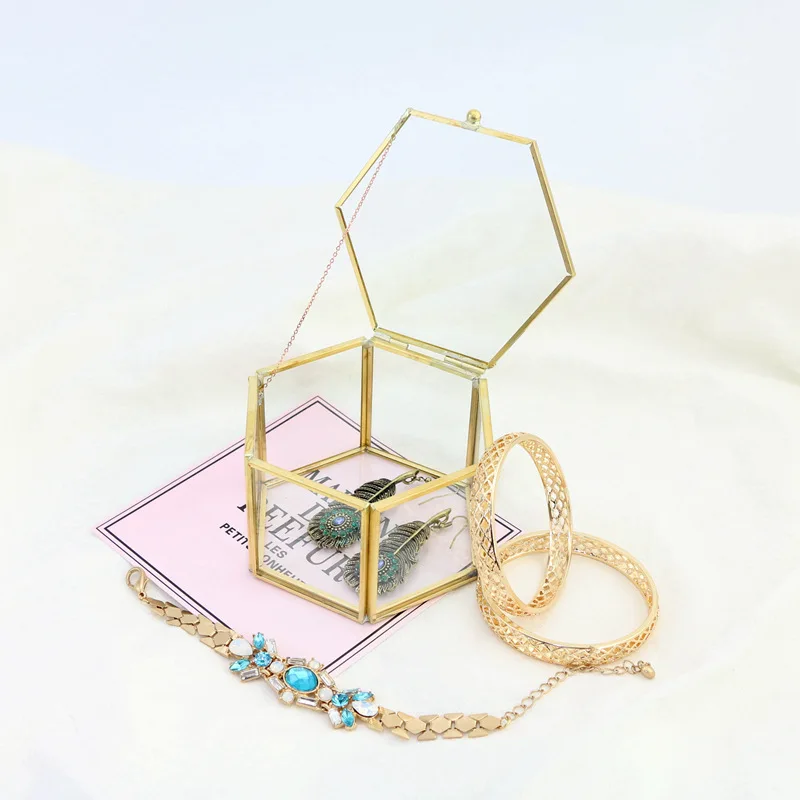 New Design Decorative Cylindrical Geometric Jewelry Glass Storage Box, Gold Glass Box