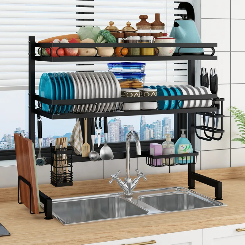 2 tier stainless steel black   drying dish racks Large Capacity Over The Sink Dish Rack (1600177567323)
