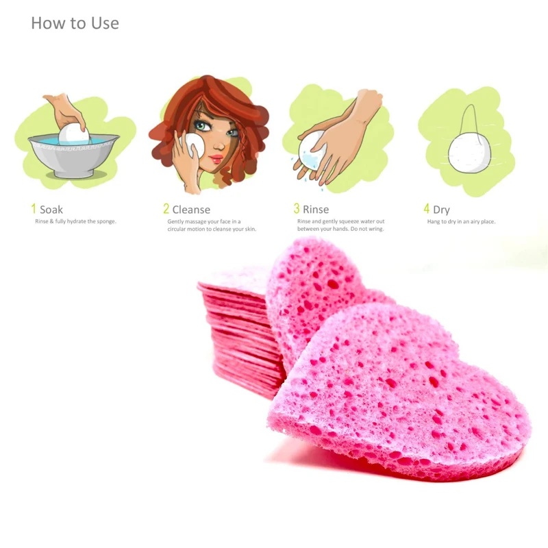 100% Natural Facial Clean Wood Pulp sponge Beauty Makeup Cosmetics Removal Sponge Heart Shaped Sponge