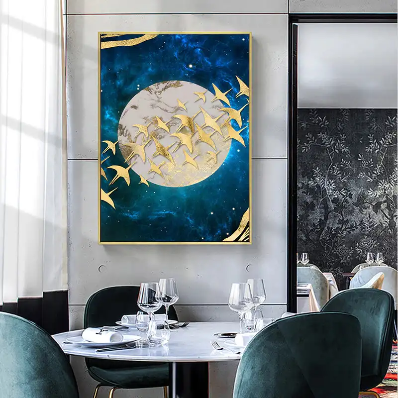 auspicious golden birds moonlight  wall art fine art canvas prints modern pictures for living room dining room bedroom art decor
