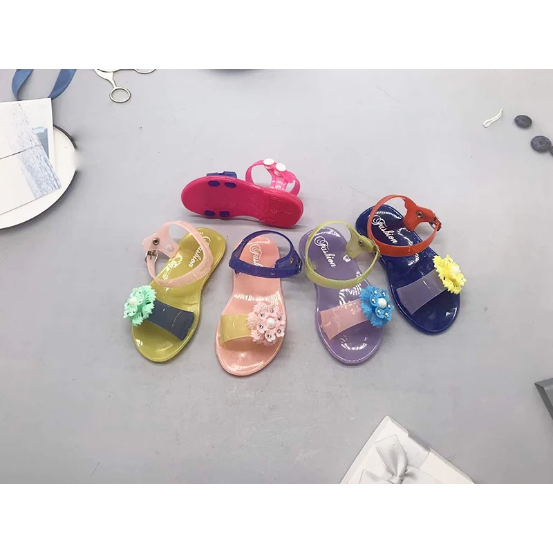 Good quality flat kids sandals girls flower hot summer beach jelly sandal