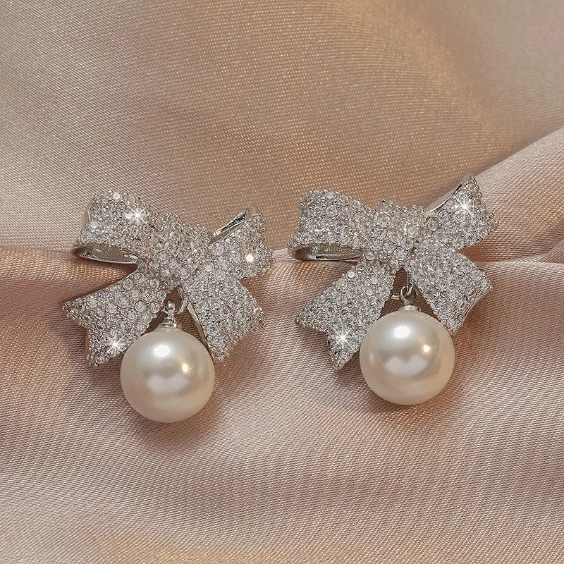 Bow Pearl Zirconia Earrings Drop Earring Opp Bag Gold Single Pearl High Quality Brass Plated Sweet and Simple New CLASSIC Zircon