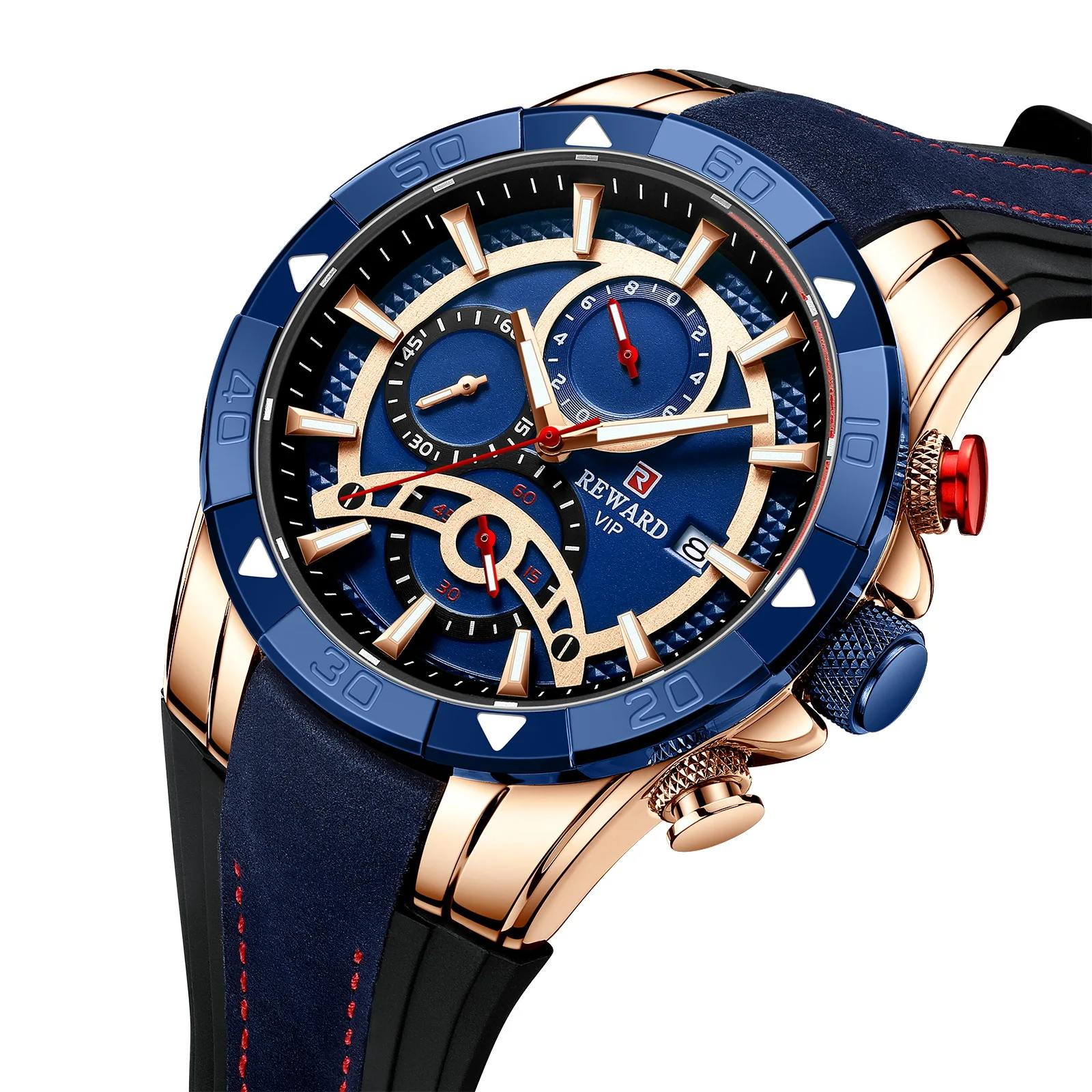 REWARD Top Design large dial with luminous decorative hands made of silicone leather quartz chronograph watch men punk style