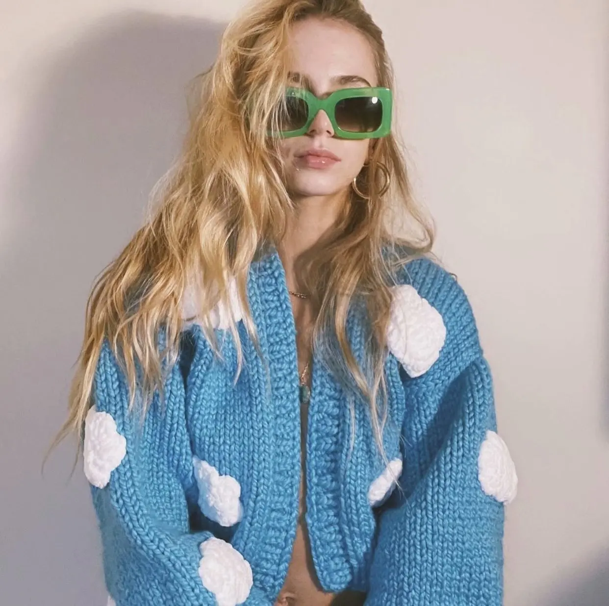 Hand Knit Oversized  Cloud Embroidery Casual Cardigan acrylic cotton made long sleeve floral handmade women sweater winter