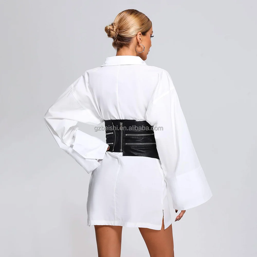 BEISHI Long Sleeve White Loose Casual Office Women Blouse Shirt  Ladies Tops Shirt Dress With Pu Waistband