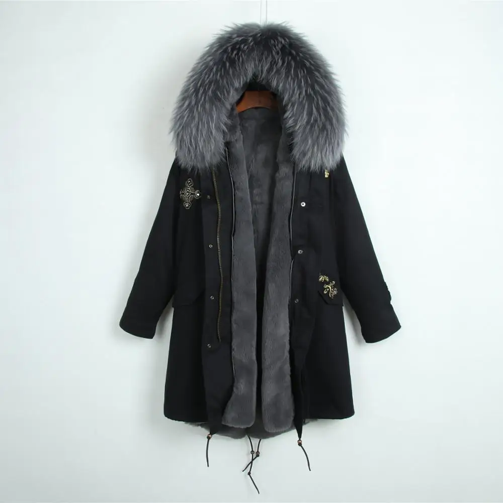Черная длинная парка для женщин и мужчин зимняя куртка из искусственного меха с воротником натурального енота