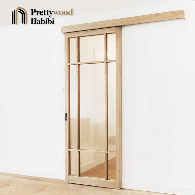 Prettywood Minimalist Narrow Solid American Red Oak Interior Modern Wooden French Style Barn Sliding Glass Door