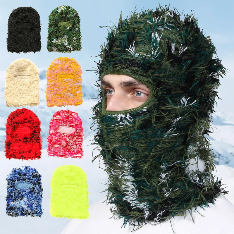 2023 Hot Sale Wholesale One Hole Knit Full Face Cover Ski Mask Custom Distressed Fuzzy Grassy Balaclava For Ski