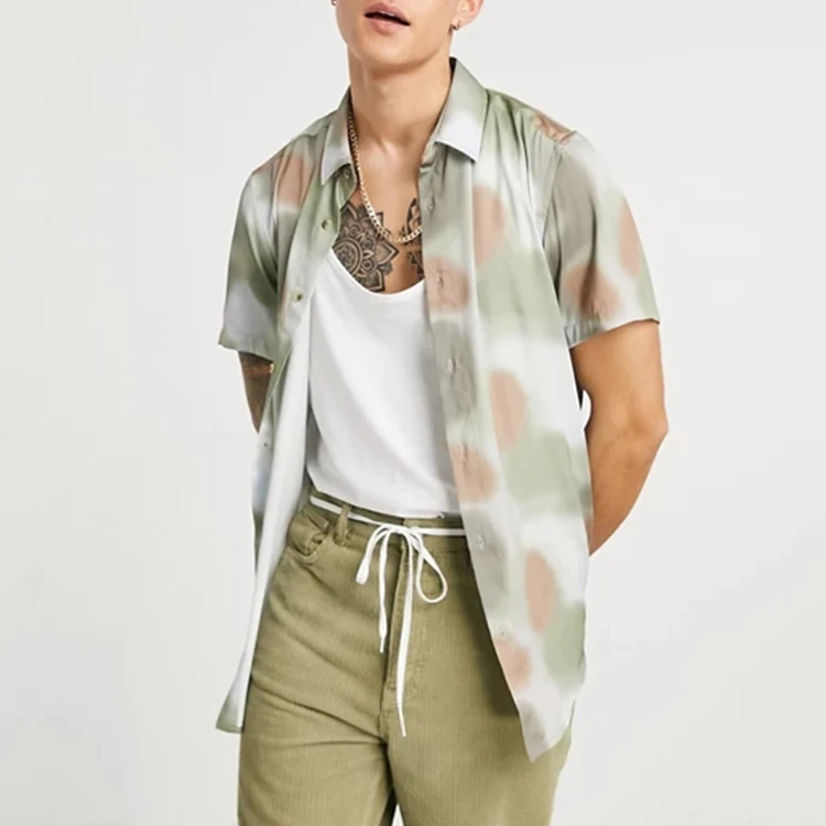 block standard collar abstract geo short sleeve satin custom designers men printed silk sublimation shirts