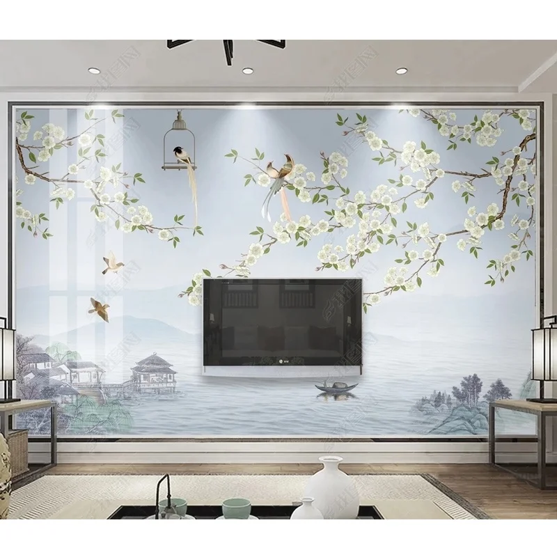 Customized HD Hot Sale Spring River Flower and Bird Picture Living Room TV Background Wallpaper