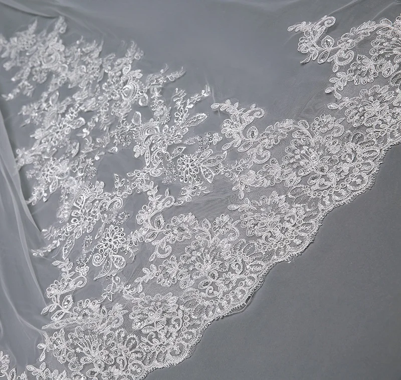 Long Style Big Trailing Lace Trim Wedding Veil Sequined Bridal Veil With Vein DX9028
