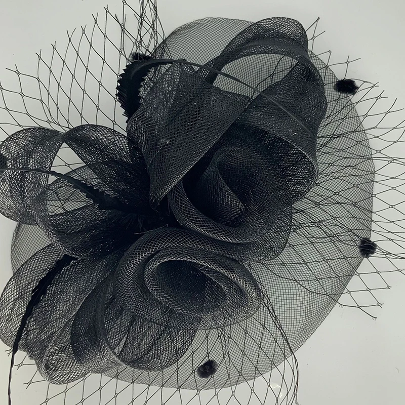 Best Seller Luxury Veil Party Bride Feather Hats Black Big Women Hats Church Fascinator Bases Fabric Opp Bag Women Girl Lady BSQ