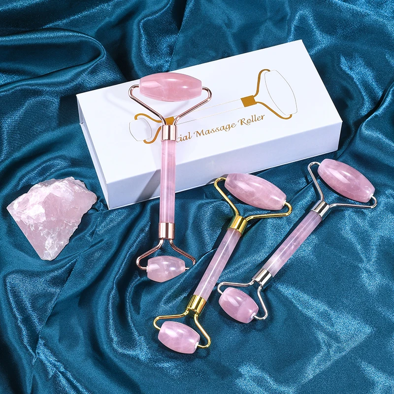 Ролик для лица из натурального розового хрусталя и гуаша массажный инструмент для подтяжки кожи лица из розового кварца нефритовый ролик для лица Gua Sha набор