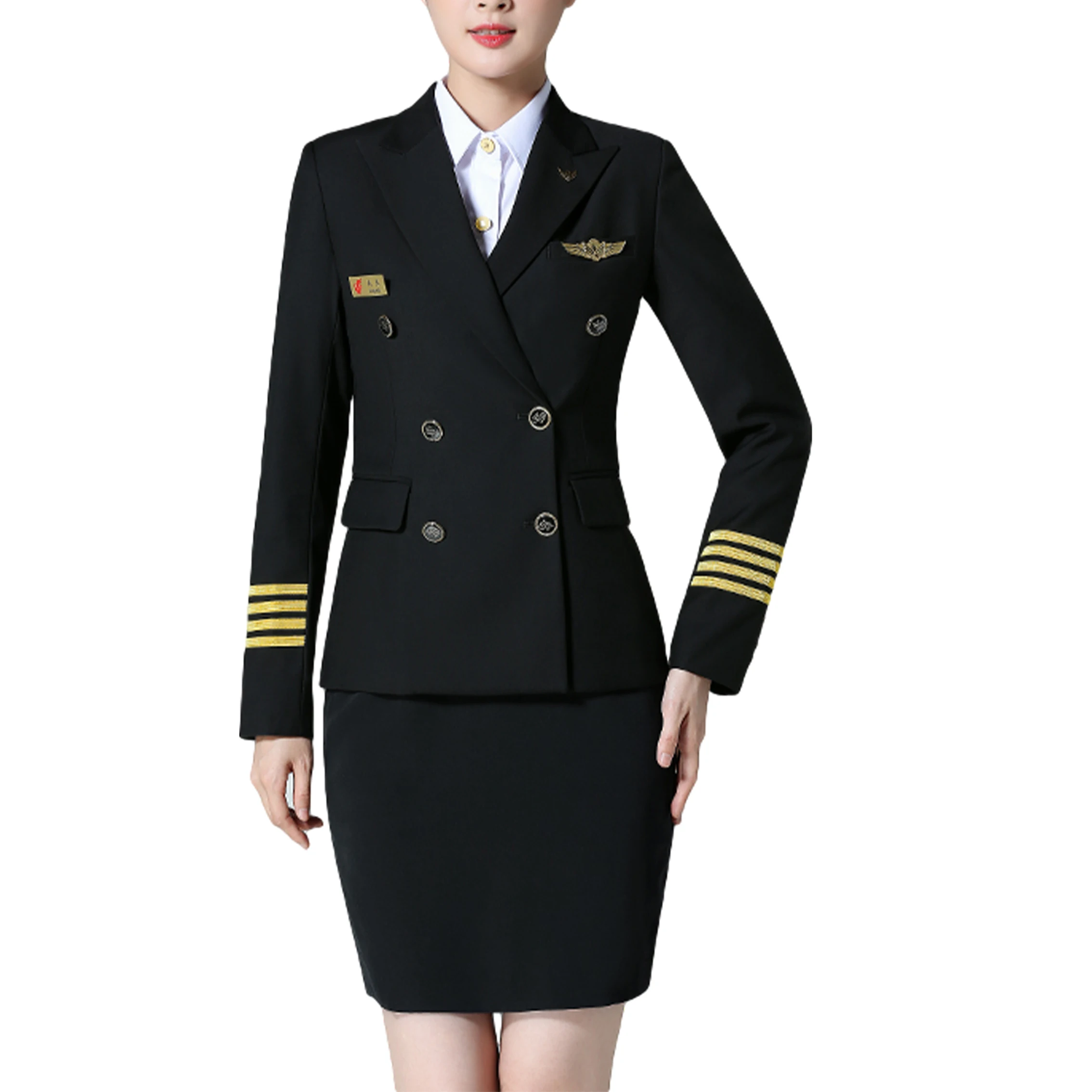 Airline Flight Attendant Men and Women Pilot Suit Uniform Navy Blue Airline Uniforms for Airline 50 Sets Black