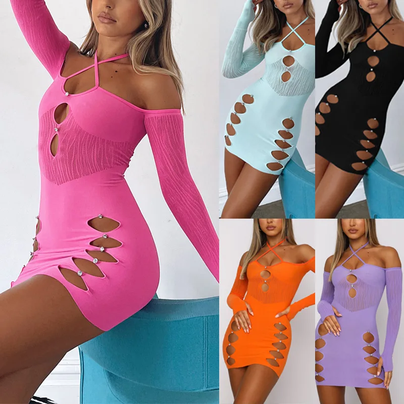 Trendy Midi Dress Halter Long Sleeve Slim See Through Hollow Out Bodycon Solid Color Evening Dresses Ladies