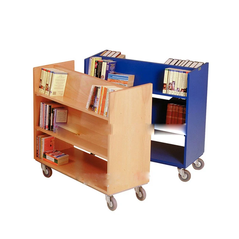 
3-Layer Library Shelf Storage Double Sided Mobile Truck Wood Book Cart On Wheels 