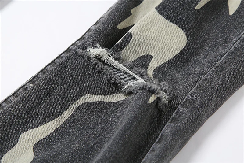 Best Seller Camouflage Print  Xs Size Clothing High Waist Distressed Ripped Denim Stacked Jeans Women Pants