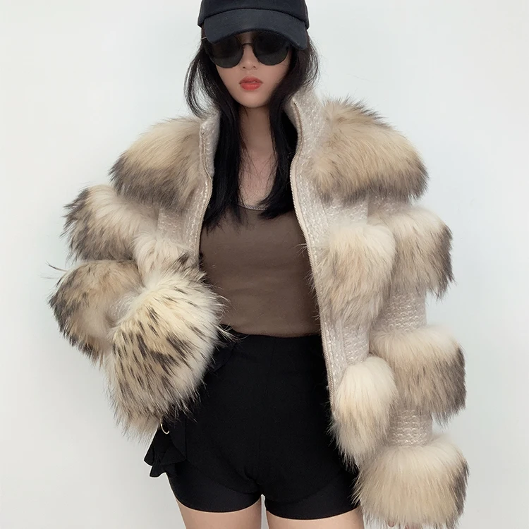 2021 Real fox fur winter jacket women weave stand collar fox fur coat