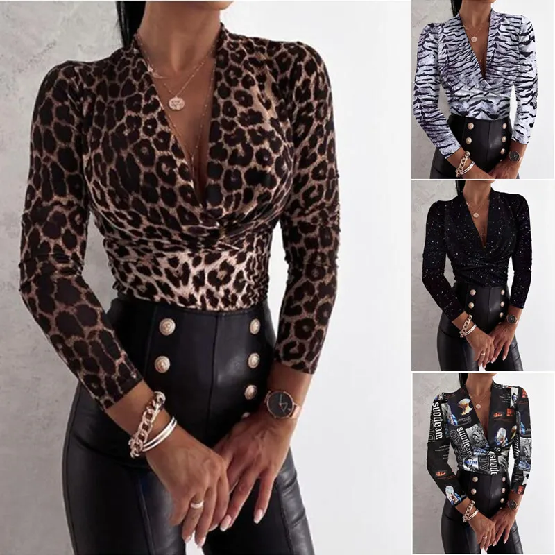 New Autumn and winter sexy long-sleeved V-neck leopard print ladies shirt women shirts blouse top