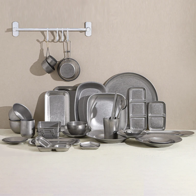 LIHONG Stainless Steel Retro Snowflake Gray Tableware Knife/Fork/Spoon/Bowl/Saucer/Plate/Bone Dish/Cup