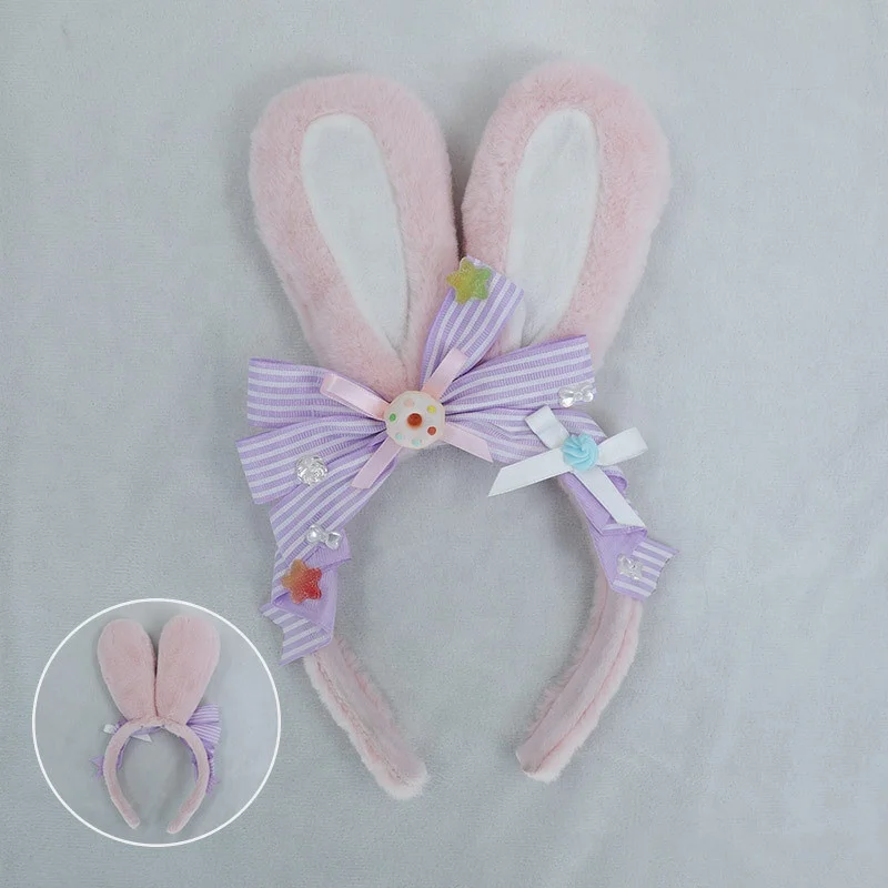 Sweet Plush Bunny Ear Hairband Bow Lace Easter Animal Cosplay Lolita Big Rabbit Bunny Ear Headband Party Favors Cosplay Costume