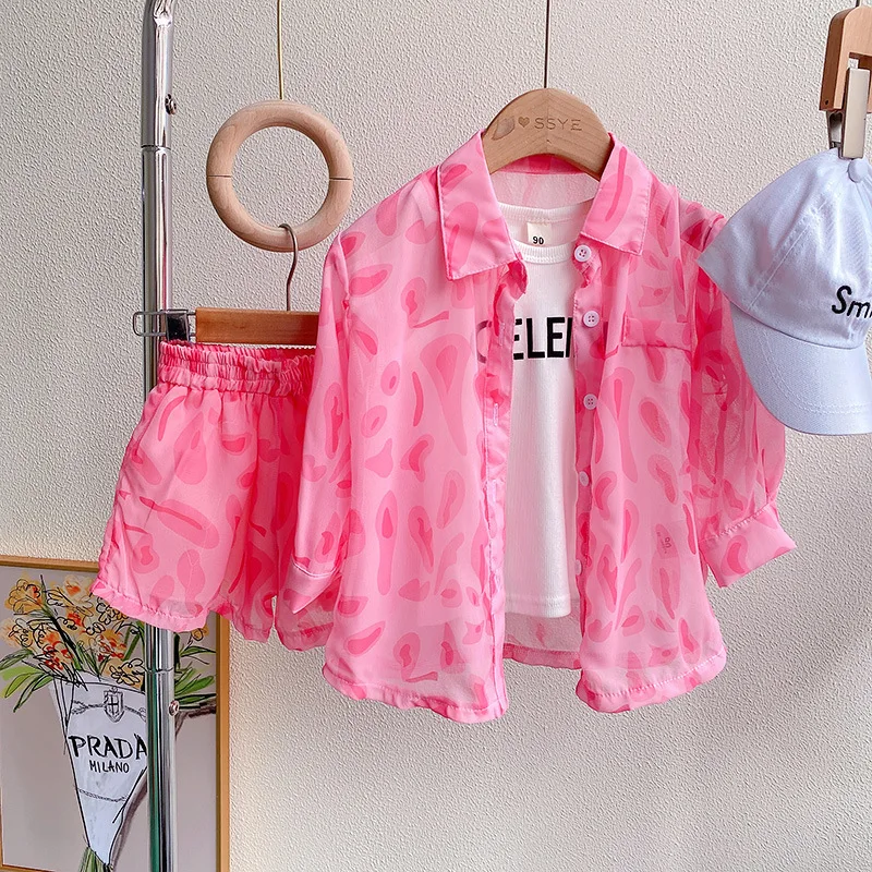 RTS Beach Outdoor Thin Pink Kid Long Sleeve 2 Piece Clothes Sets Sun Proof Summer Fashion Clothing Girls Tank Top Shorts Outfits