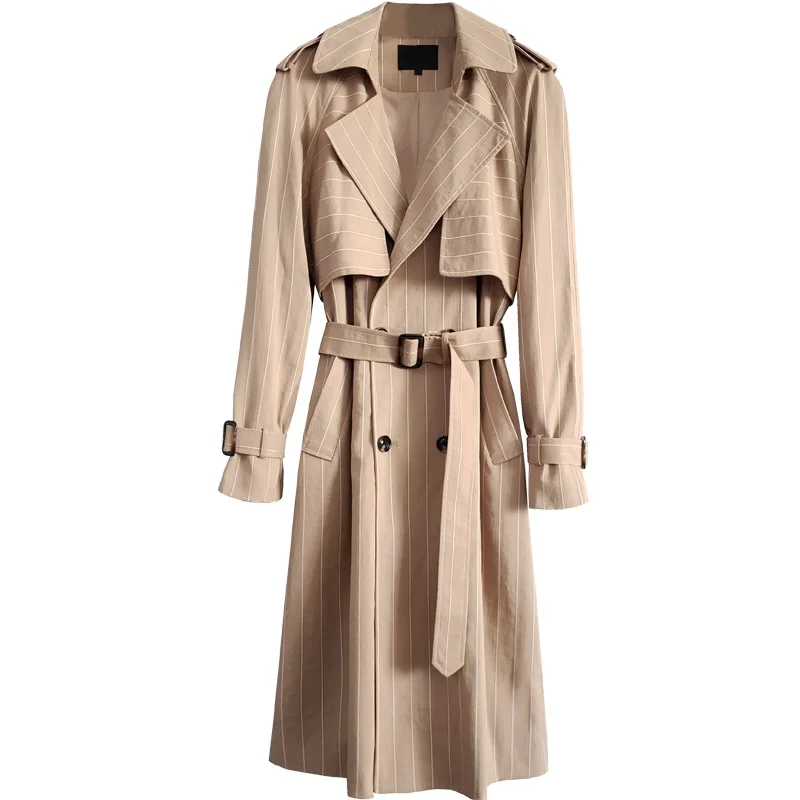 
Spring Fall New Design Ladies Long Wind Coat Vertical Stripe Trench Coat 