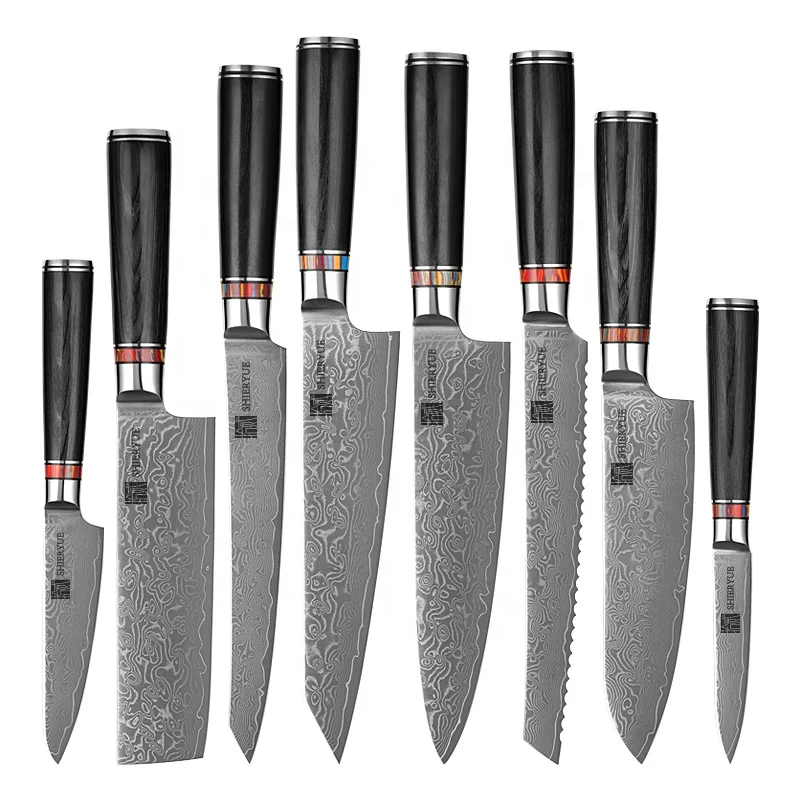 Wholesale price pakka wood handle Damascus Kitchen Knife set Damascus Steel Chef Santoku Knife set