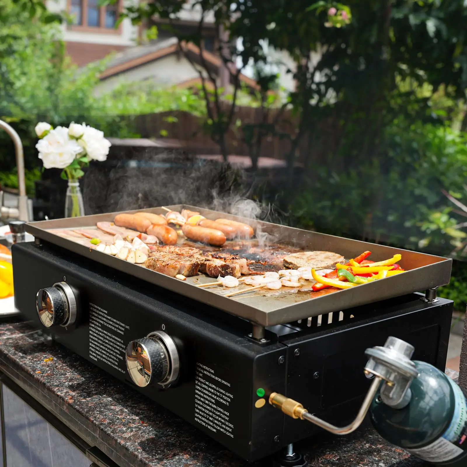 Miire 2 Burners Gas Griddle Tabletop Gas Grill Combo Portable Outdoor Barbecue BBQ Hot Plate and Grill