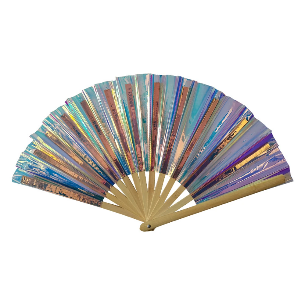 Hot selling custom logo 13 inch rainbow film wooden fan PVC big fan outdoor laser film magic color plastic film waterproof