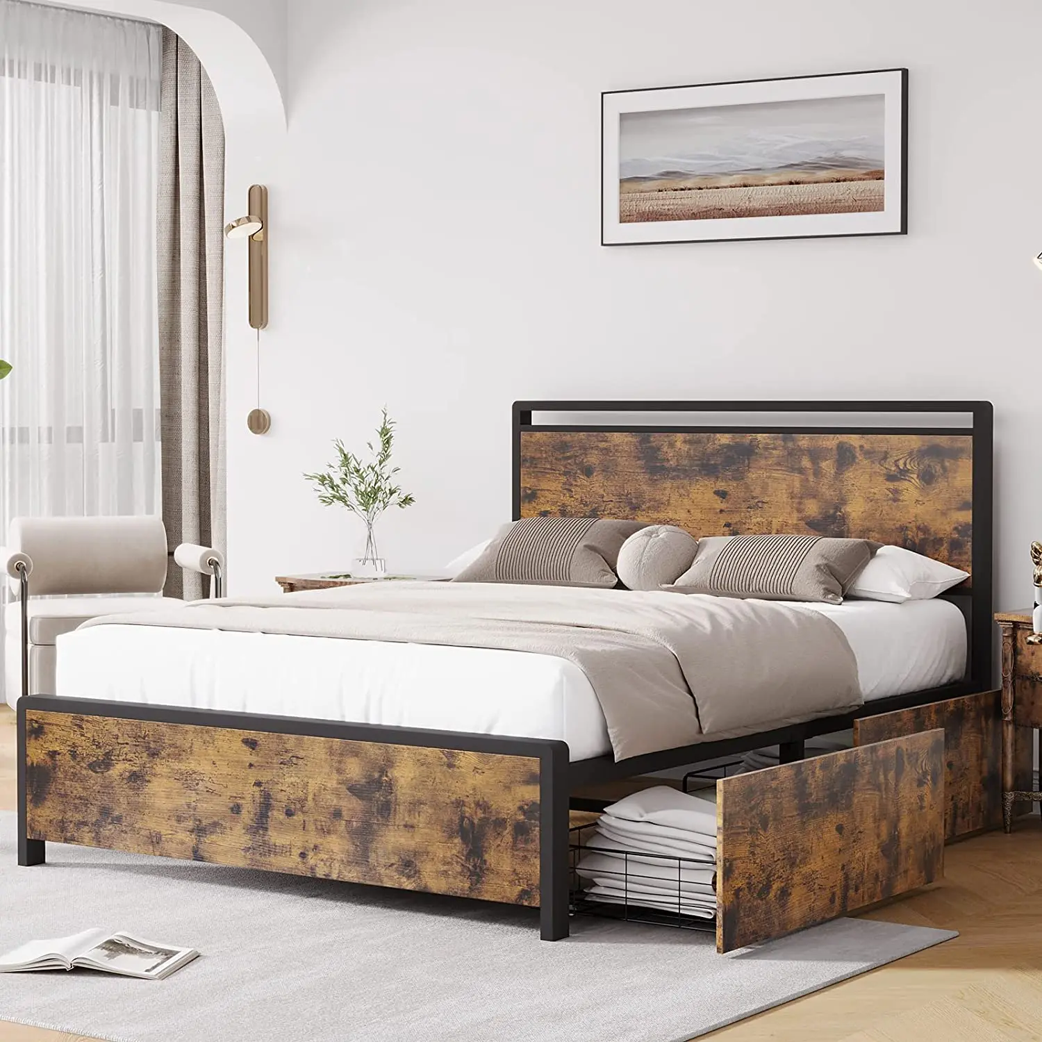 Farmhouse Hotel Double Queen Size Bed Frame with 4 Storage Drawer Wood and Metal Bed Frame