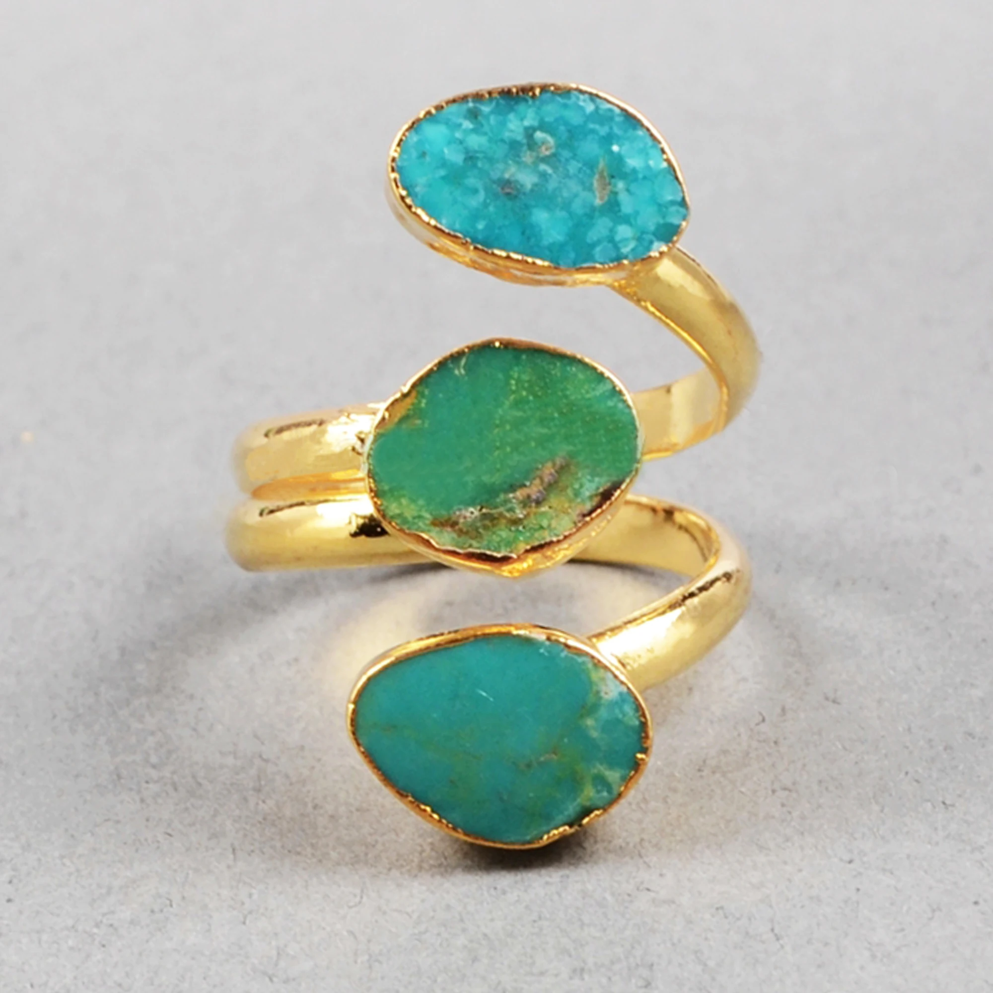 Genuine fashion turquoise gemstone wire ring three stone turquoise ring in 18k gold plated adjustable ring