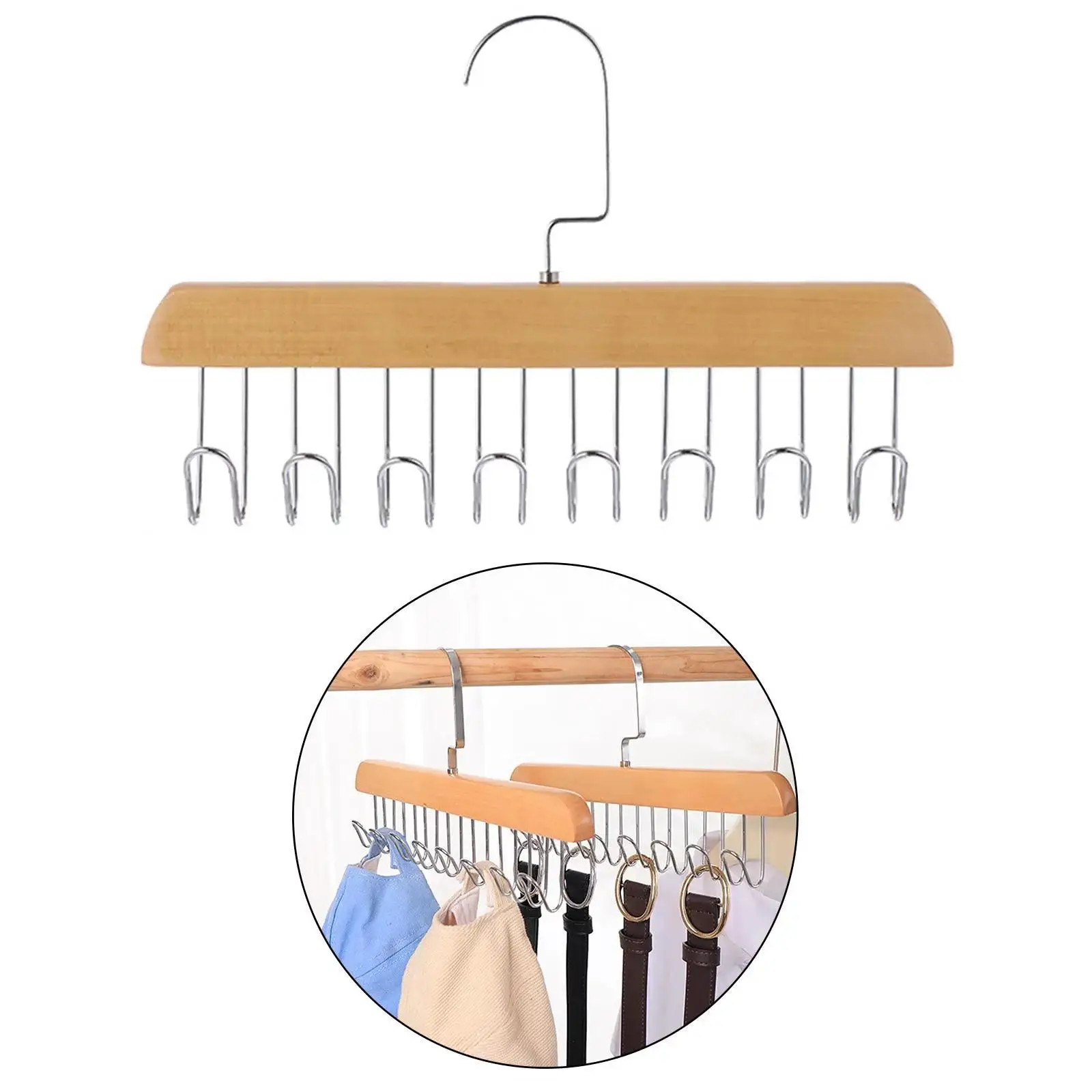 8 Hooks Solid Wood Sling Hanger Anti Slip Tie Belt Hanger For Closets Storage