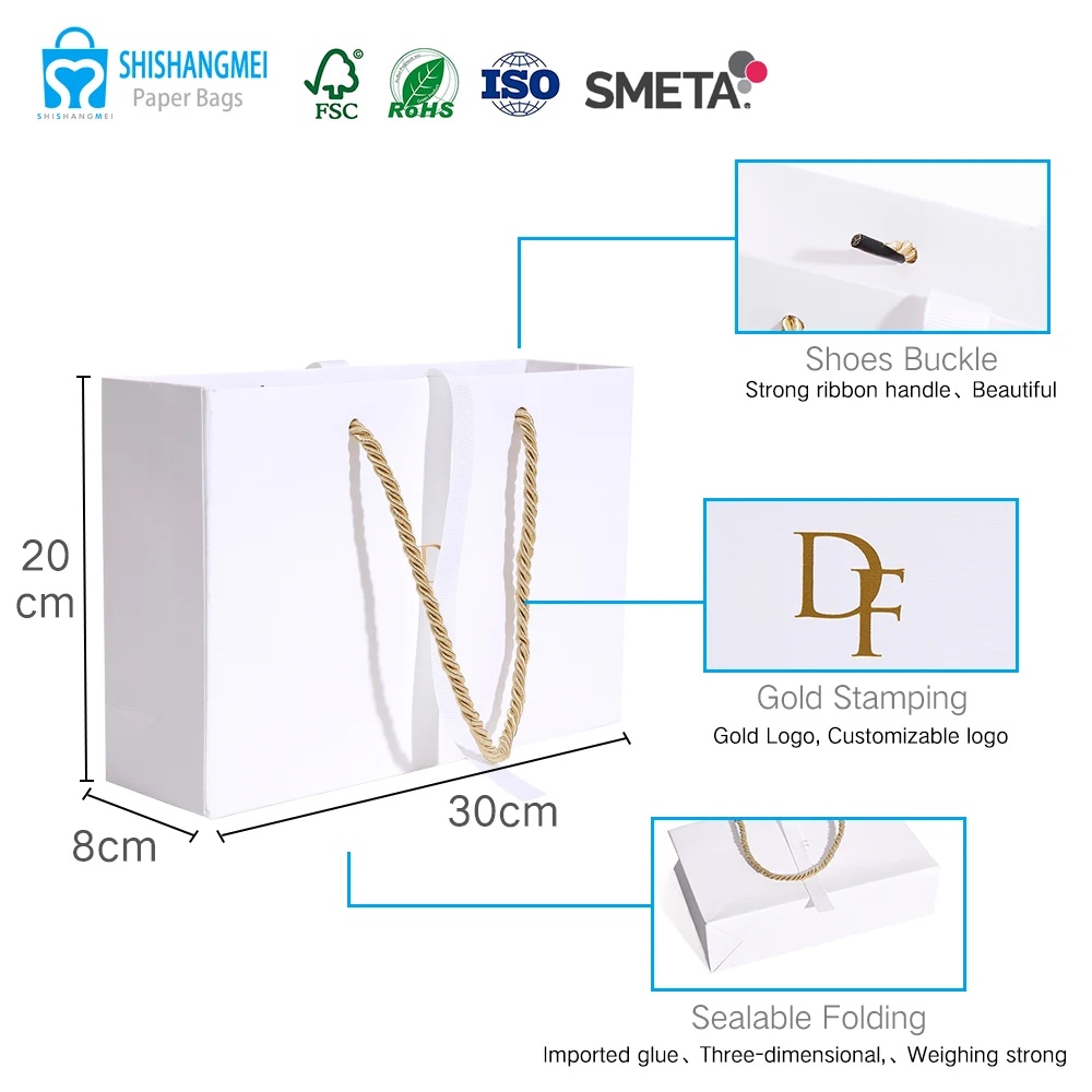 Hot Stamping Logo Recyclable White Gift Ribbon Paper Bags Customised Jewelry Packaging Luxury Paper Bags