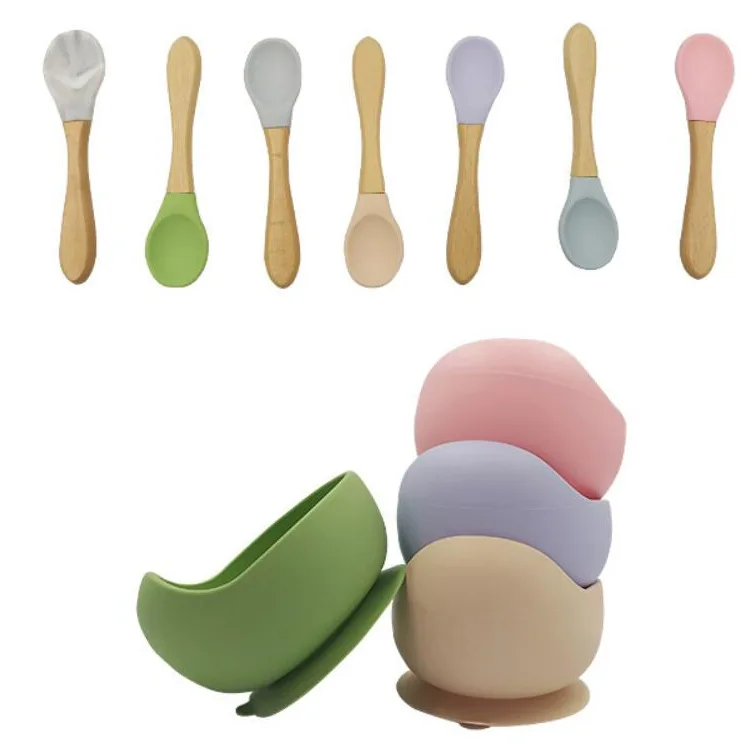 0705 Baby silicone food supplement bowl dinner plate easy to clean non-slip anti-fall bowl spoon set