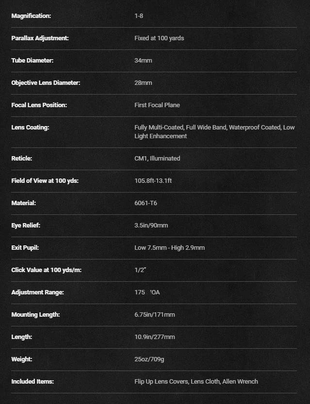 RITON X7 Tactix 1-8x28IR FFP Illumination Optics Zero Reset Hunting Sight 34mm LPVO First Focal Plane Scopes & Accessories