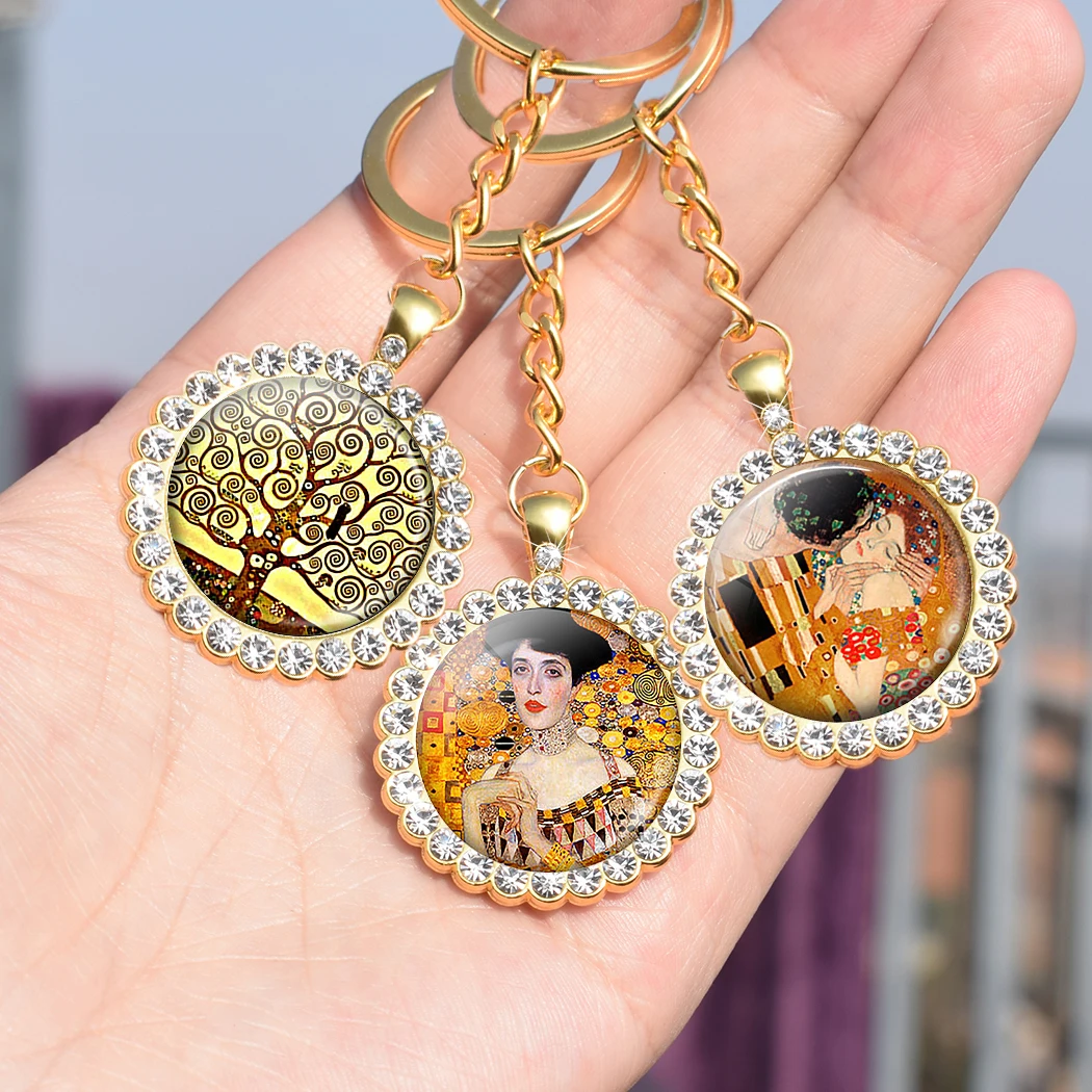 Bling Keychain for Women Gustav Klimt the Kiss Rhinestone Craft Golden Key Pendant Couples Gifts for Boyfriend and Girlfriend