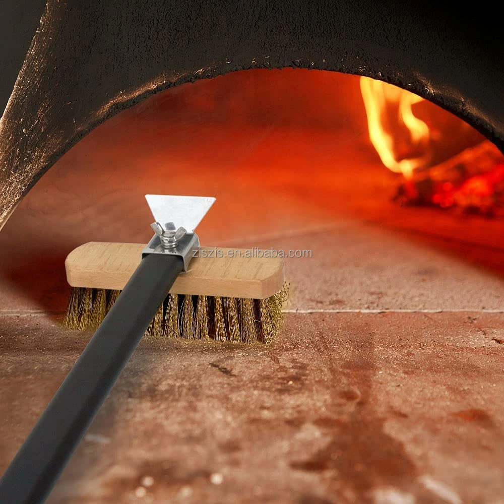 Premium Copper Wire Pizza Oven Brush For Pizza Oven Cleaning With Stainless Steel Scraper Blades And Aluminum Handle