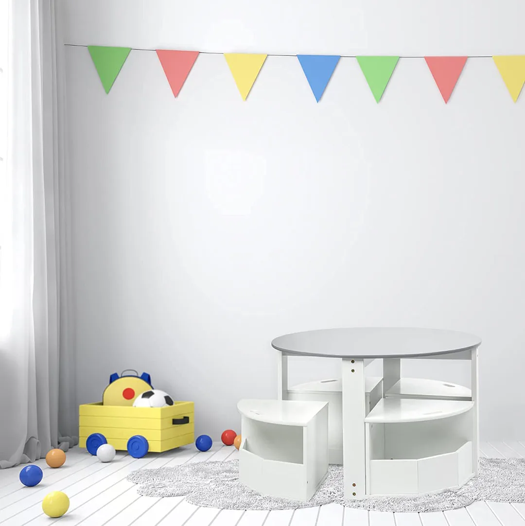 Table and Chair Set for Kids- Round Nesting Design with 4 Storage Stools