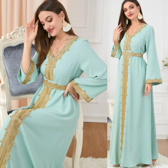 Hot Sell Women Elegant Deep V-neck Dress Gold Velvet Embroidery Muslim Dress Dubai Abaya Party Maxi Long Dress