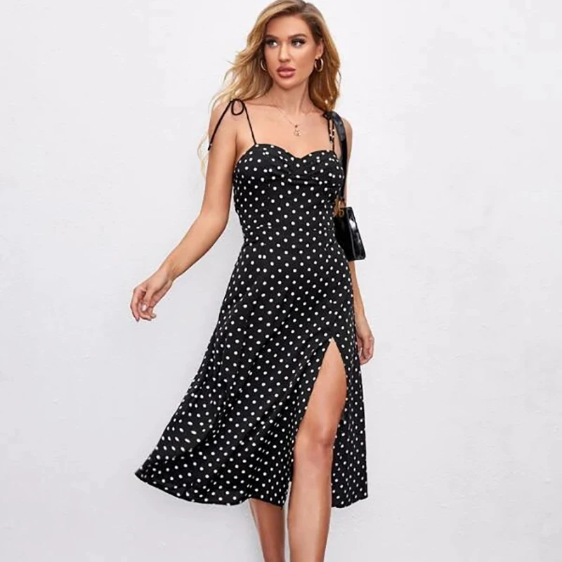 Women Midi Dress Casual Dresses Simple Factory Wholesale Polka Dot Spaghetti Strap Sleeveless Sexy Summer Split Thigh Polyester