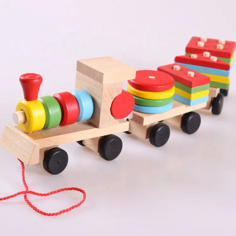 Wooden Block Train Toy Set Wheels For Kids Railway Track Vehicle Recognition