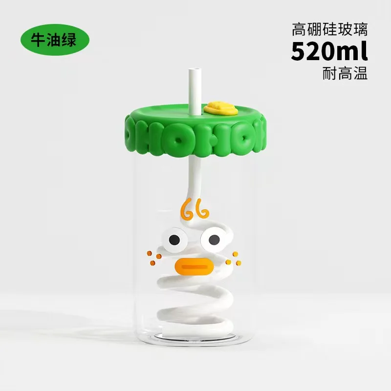 HECION Girls Straw Milk Tea High Borosilicate Glass Cup With Lid Single Layer Water Cup Cute Milk Glass Coffee Cup For Children