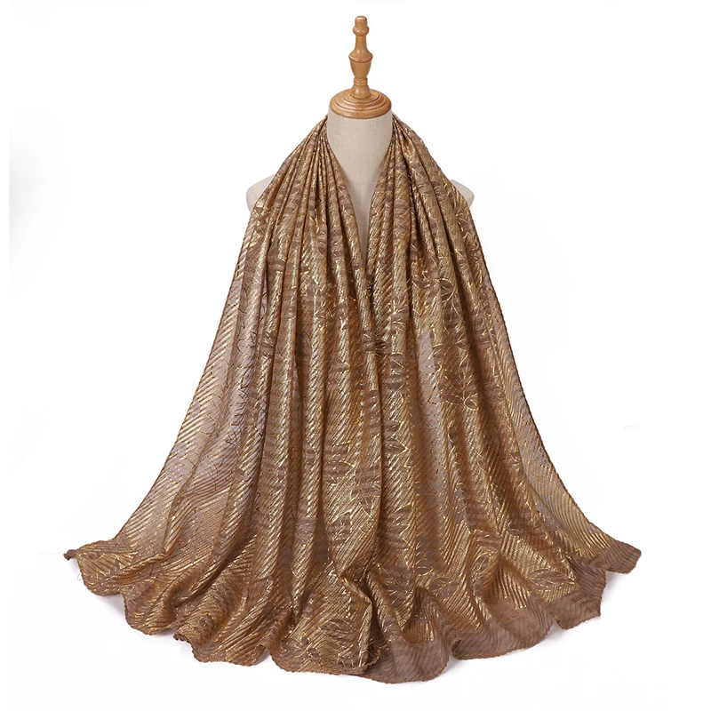 wrinkled design fashion crushed 100% polyester cotton scarf hijab gold leaves pattern women long cotton hijab