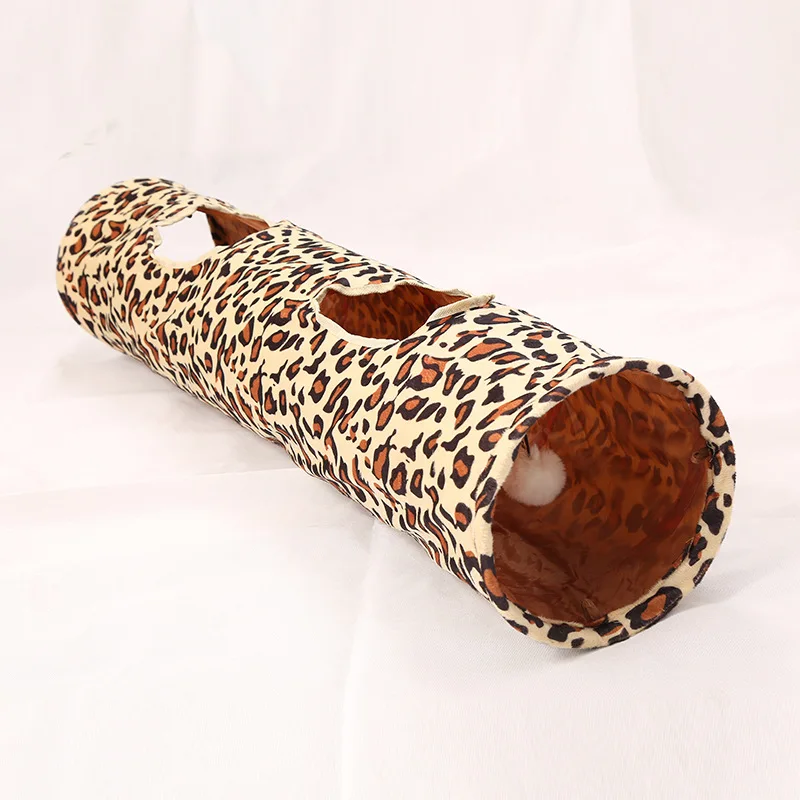 Cat plush leopard print single pass cat tunnel collapsible cat tunnel with toy ring paper pet tunnel