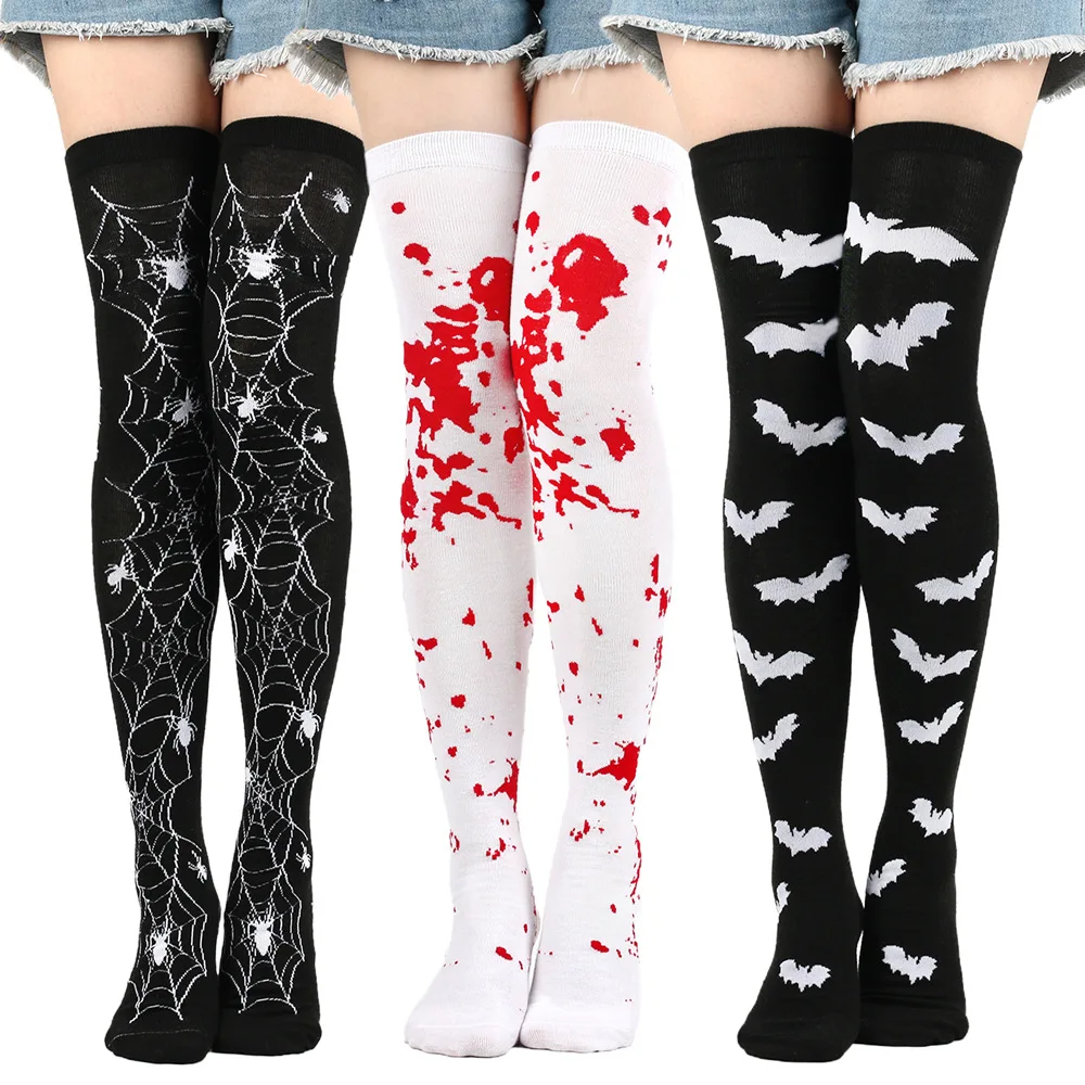 KTS303 OEM Custom Logo Skull Sock Ball Party Costume Halloween Bat Stockings Cobwebs Over The Knee Socks