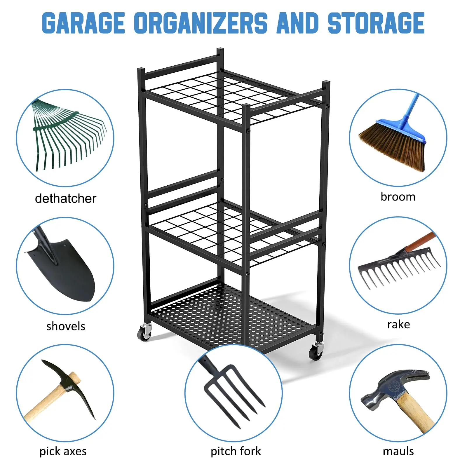 Black 3 Tiers Yard Tool Organizer Rack With 9 Hooks For Garage Multi-function Heavy Duty Garden Tool Storage Rack
