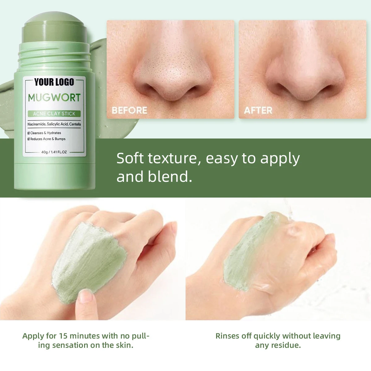 4 Color Tighten Pores Mask Stick Wormwood Niacinamide, Salicylic Acid, Volcano Strawberry Marine Reduced Oil Mud Film Stick